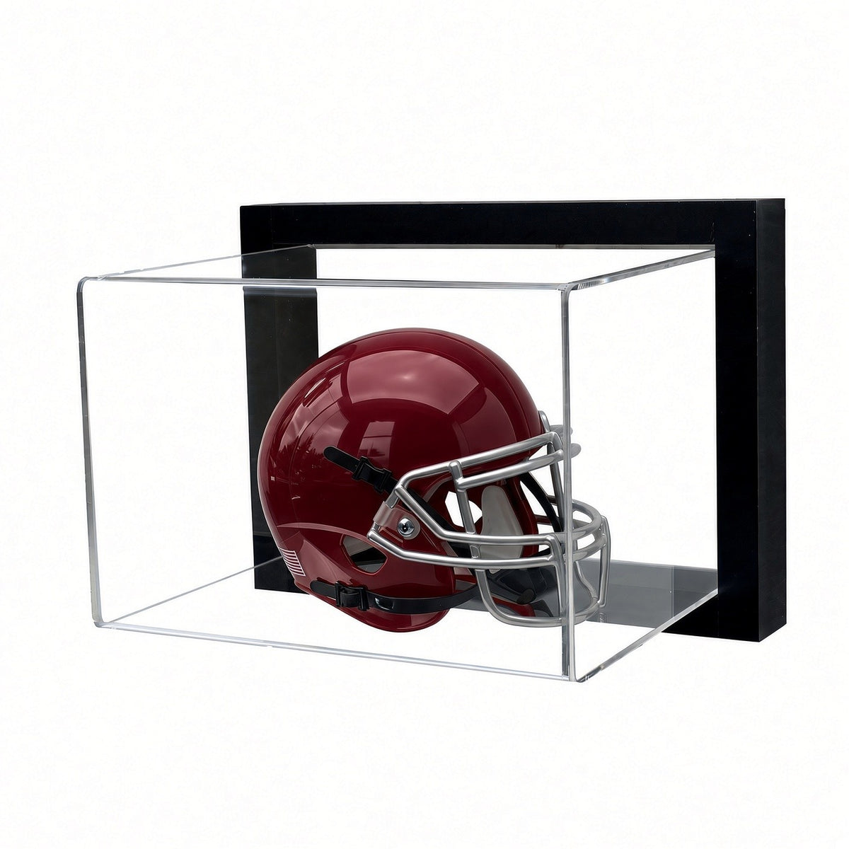 Angled view of the framed mini helmet display case