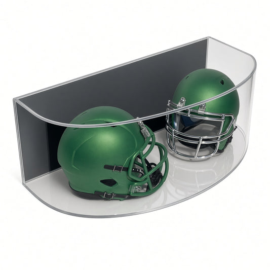 Curved front acrylic wall mount case holding two green mini football helmets