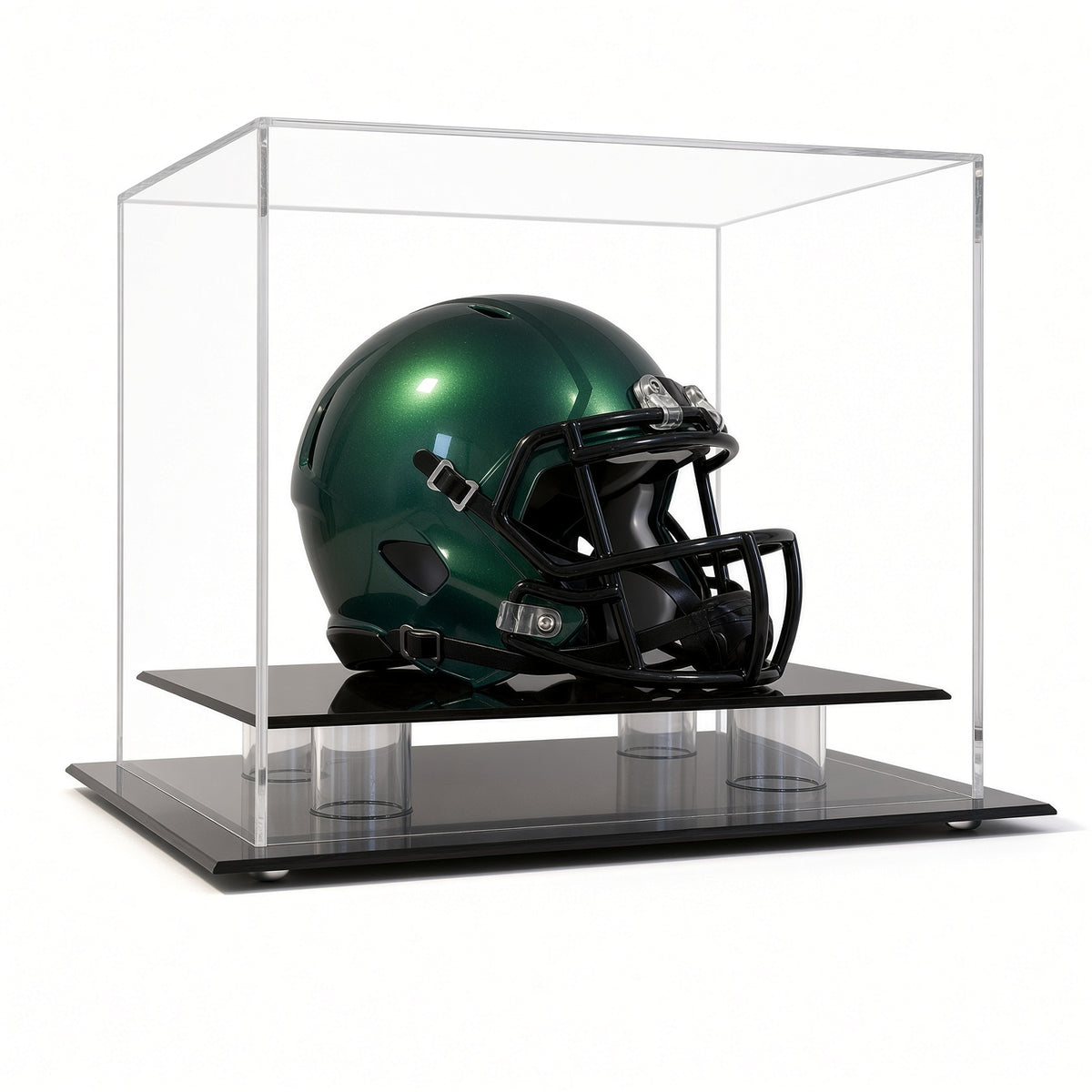 Angled view of a mini helmet in the table top case