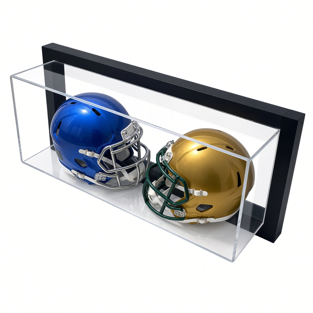 Angled view of two mini helmets inside the framed case