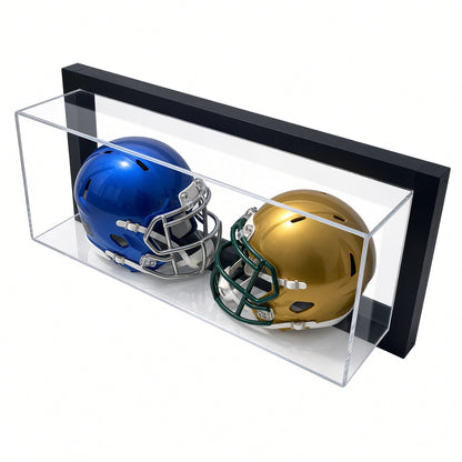 Angled view of two mini helmets inside the framed case