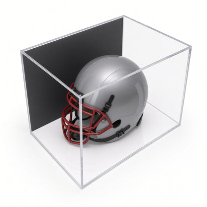 Angled view of a mini helmet in the wall mount case