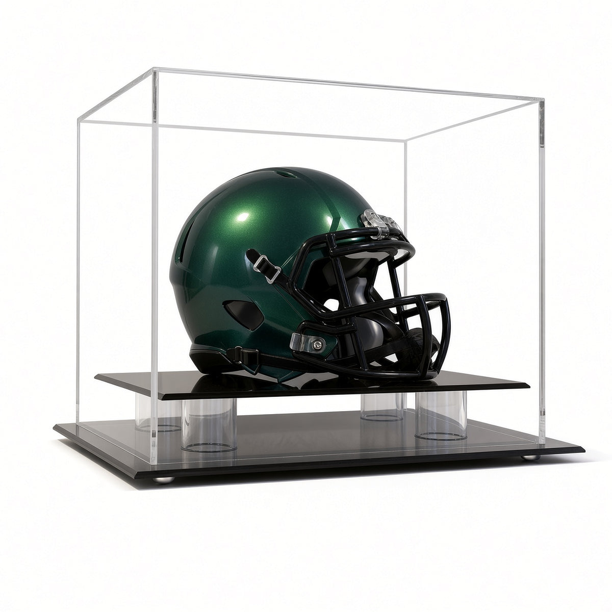 Front view of a green mini helmet inside the table top case
