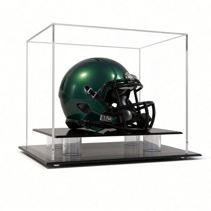Front view of a green mini helmet inside the table top case