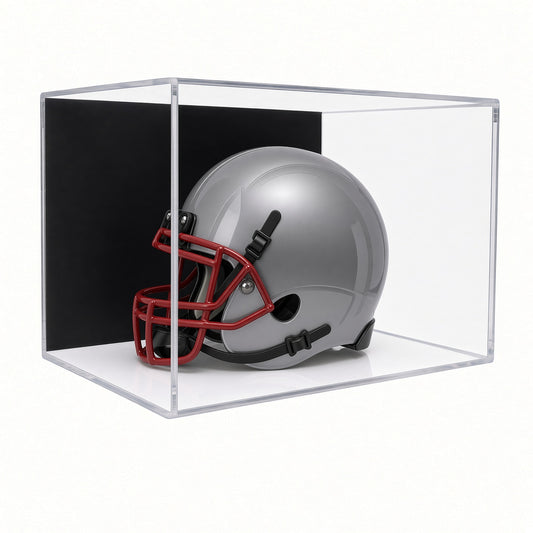 Acrylic wall mount case with a black back holding a silver mini football helmet