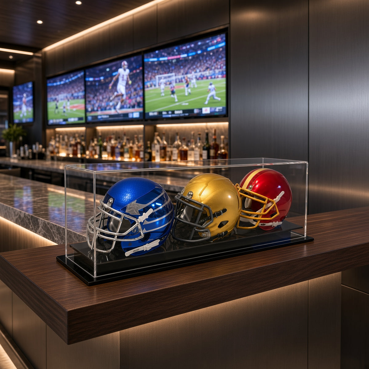 Triple mini helmet case on a bar counter in a sports bar