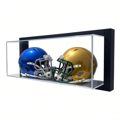 Front view of the framed double mini helmet case with a blue and a gold helmet