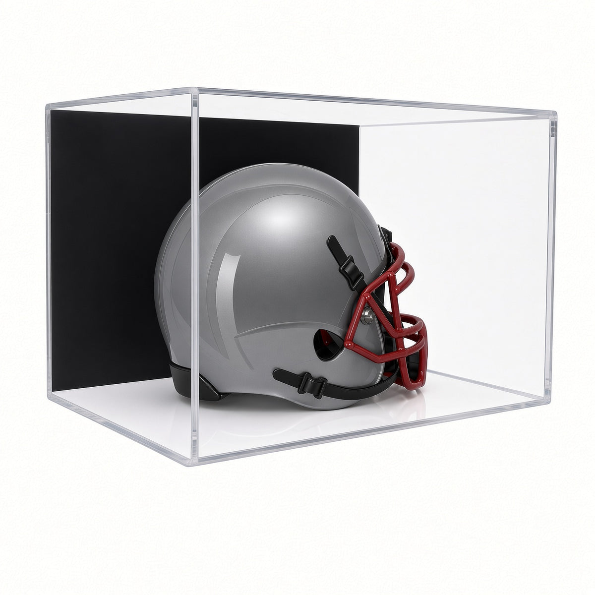 Front view of a silver mini helmet inside the case