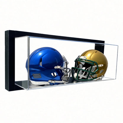 Black-framed acrylic wall mount case holding two mini football helmets