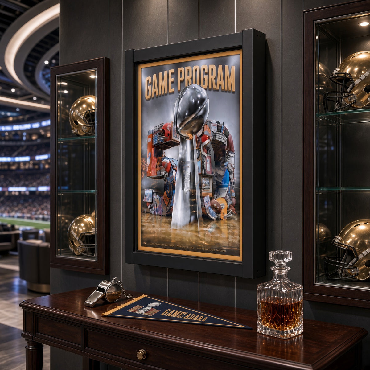 Game program frame hanging above a bar cart in a sports room