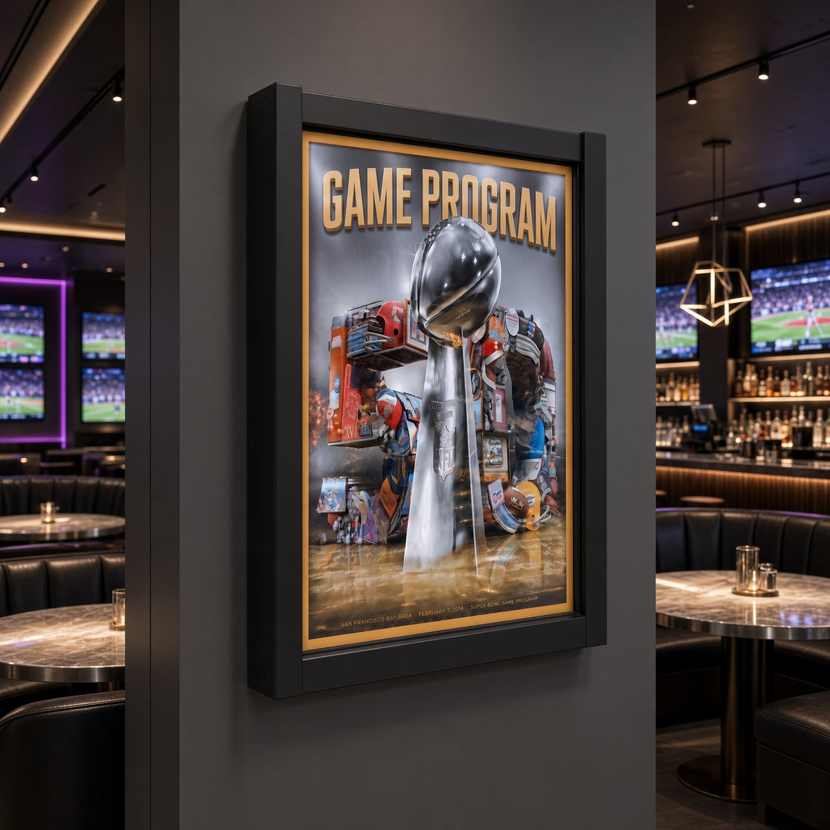 Game program frame on a dark wall in a sports bar