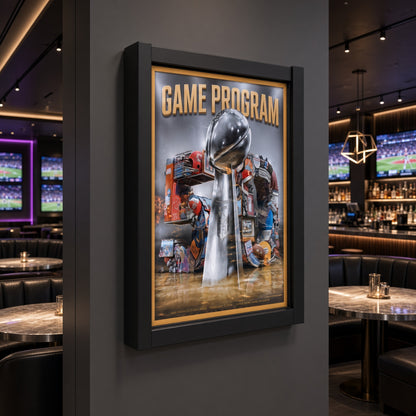 Game program frame on a dark wall in a sports bar