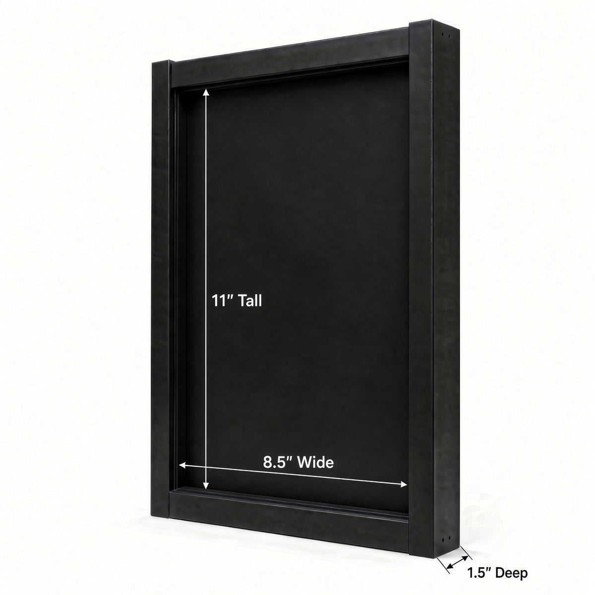 Empty program frame with 11 inch width, 12.5 inch height and 1.5 inch depth marked