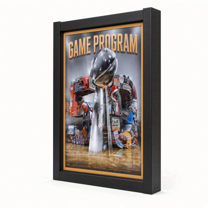 Front view of a game program inside the black frame
