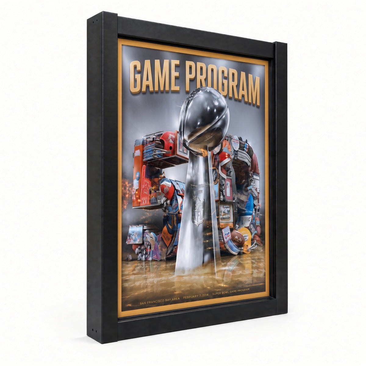 Black sports program display frame holding a game program