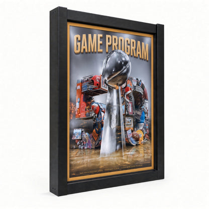 Black sports program display frame holding a game program