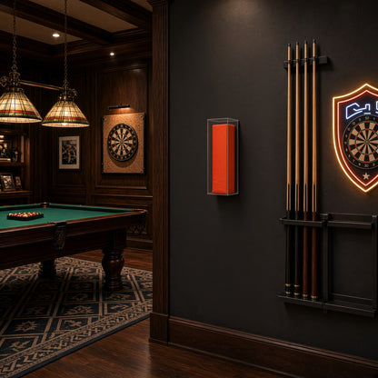 Football pylon case on a dark wall in a pool room