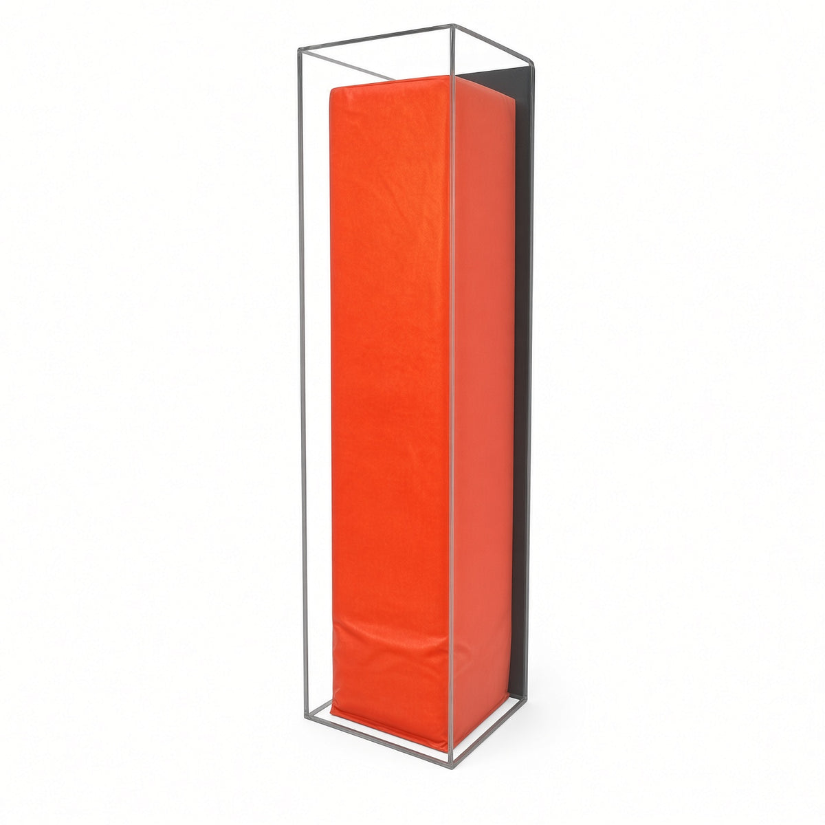 Tall acrylic wall mount case holding an orange football end zone pylon