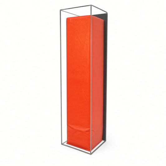 Tall acrylic wall mount case holding an orange football end zone pylon