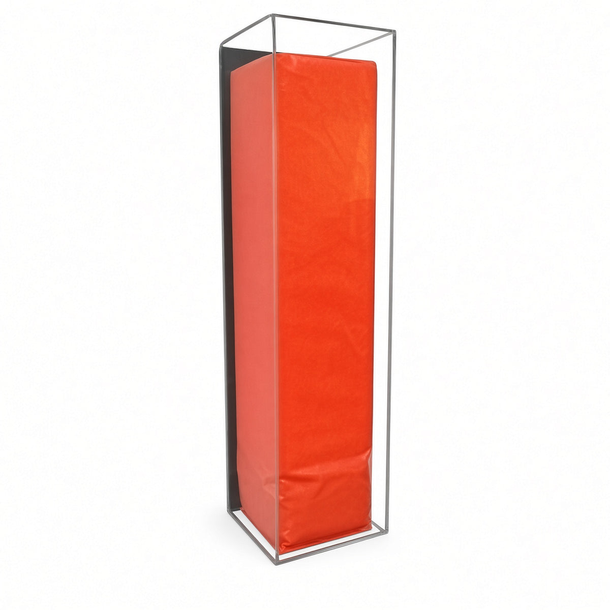 Angled view of the orange pylon in the wall mount case