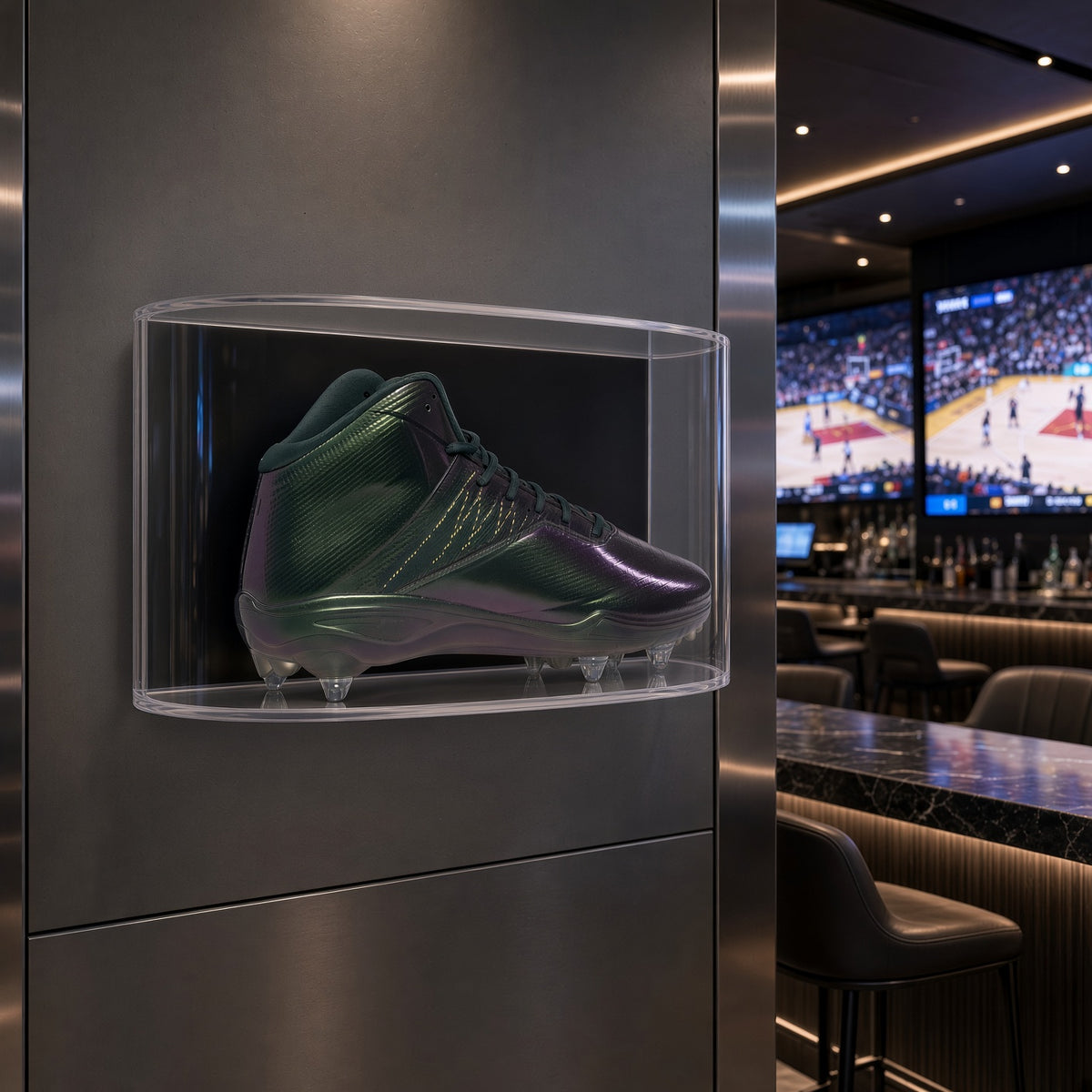 Curved large shoe case mounted on a gray wall in a sports bar