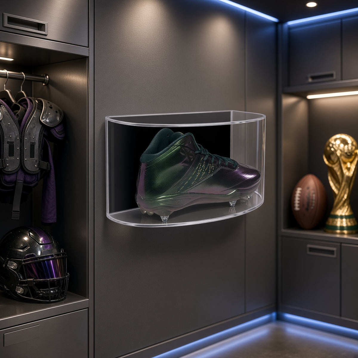 Curved large shoe case on a dark wall in a locker-room style space