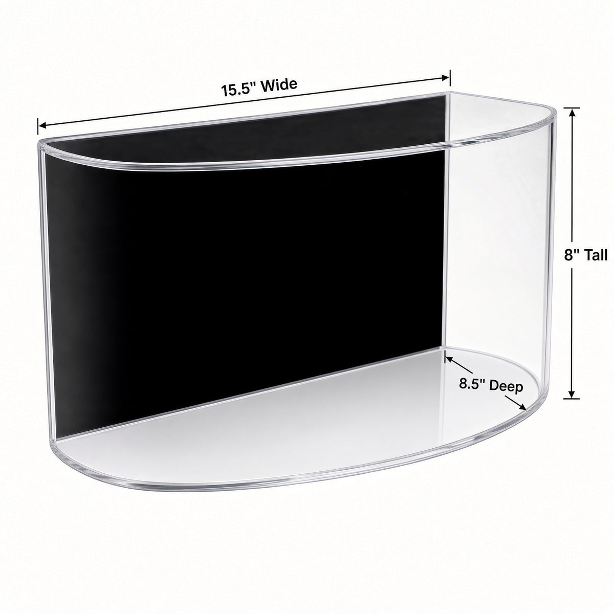 Empty curved shoe case with 15.5 inch width, 8 inch height and 8.5 inch depth marked