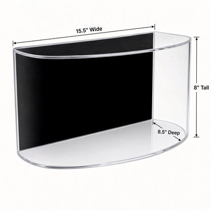 Empty curved shoe case with 15.5 inch width, 8 inch height and 8.5 inch depth marked