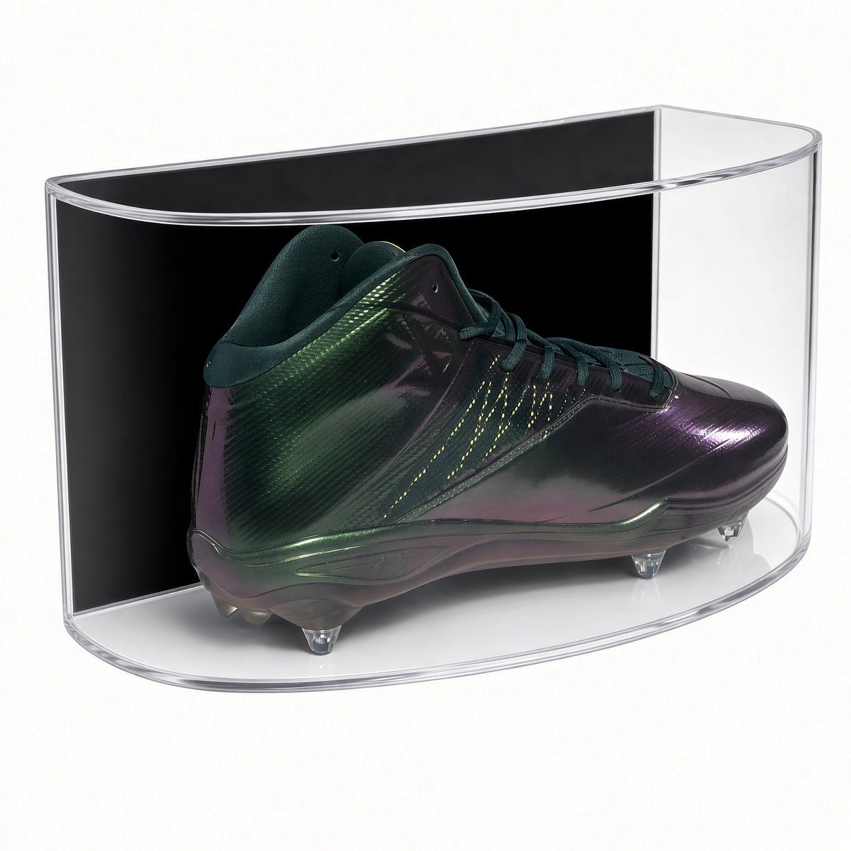 Curved front acrylic wall mount case holding a green football cleat