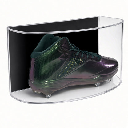 Curved front acrylic wall mount case holding a green football cleat