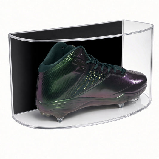 Curved front acrylic wall mount case holding a green football cleat