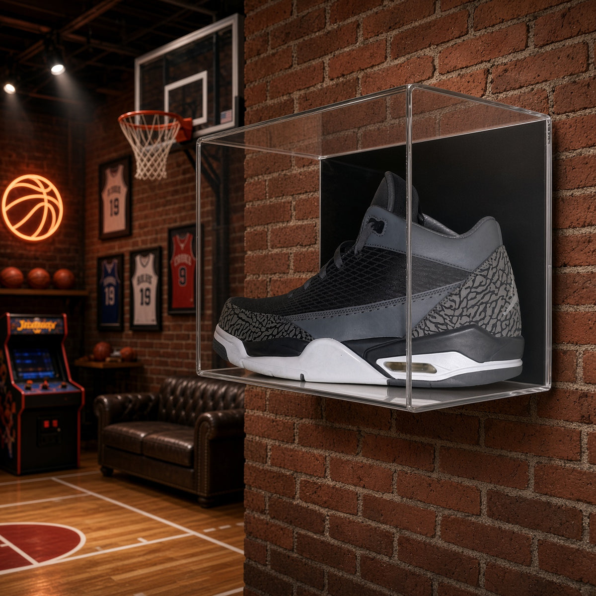 Small shoe case on a brick wall in a home basketball room