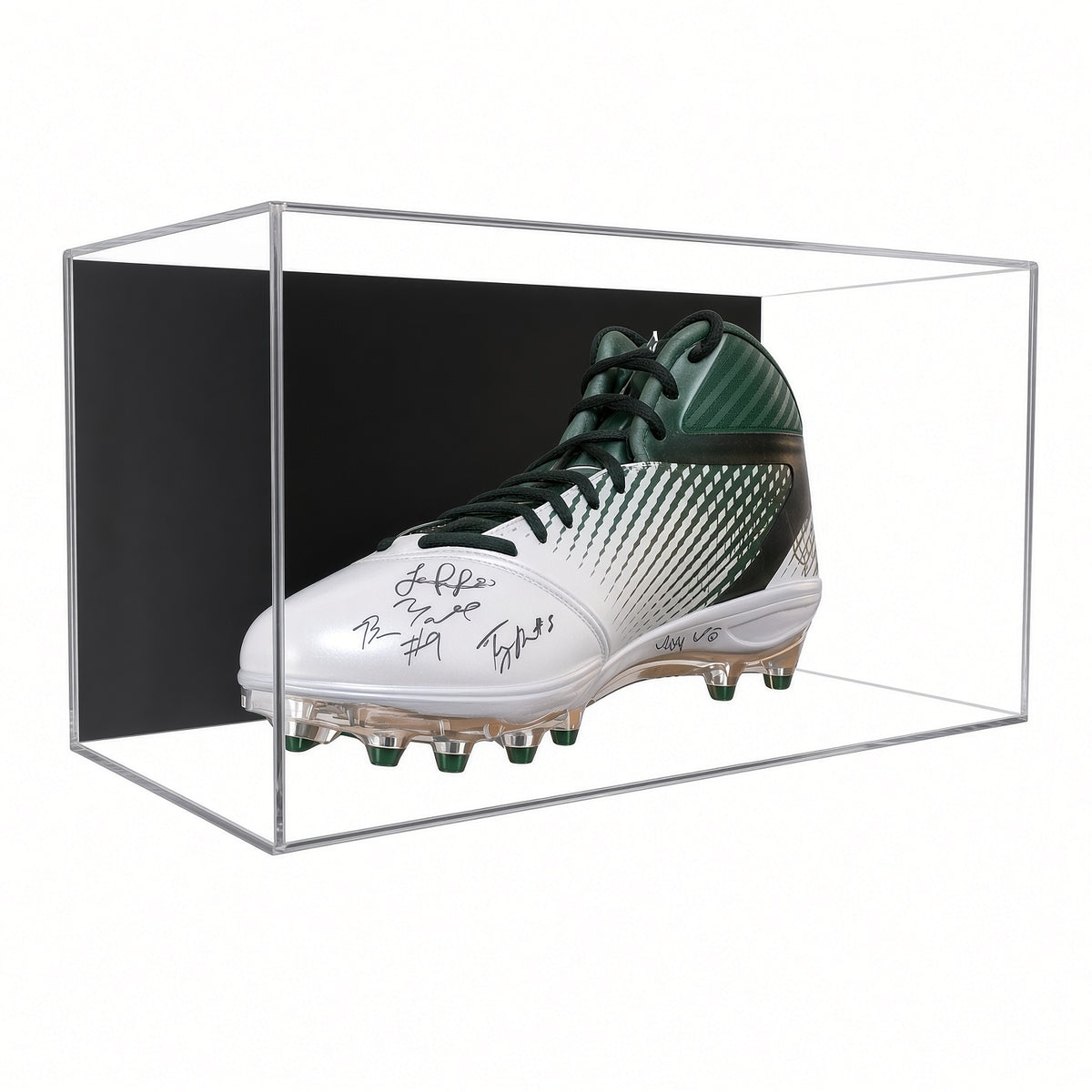 Acrylic wall mount case with a black back holding a single green and white football cleat