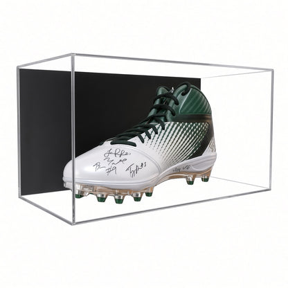Acrylic wall mount case with a black back holding a single green and white football cleat