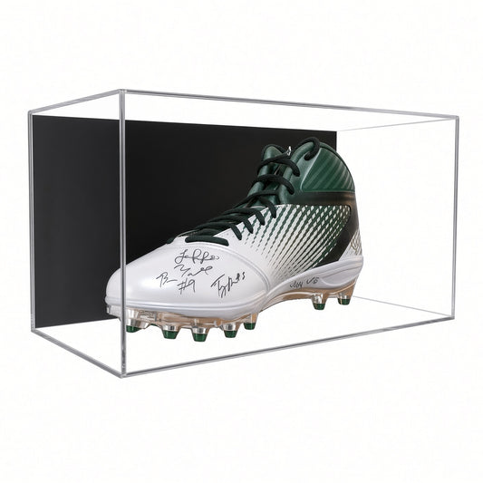 Acrylic wall mount case with a black back holding a single green and white football cleat