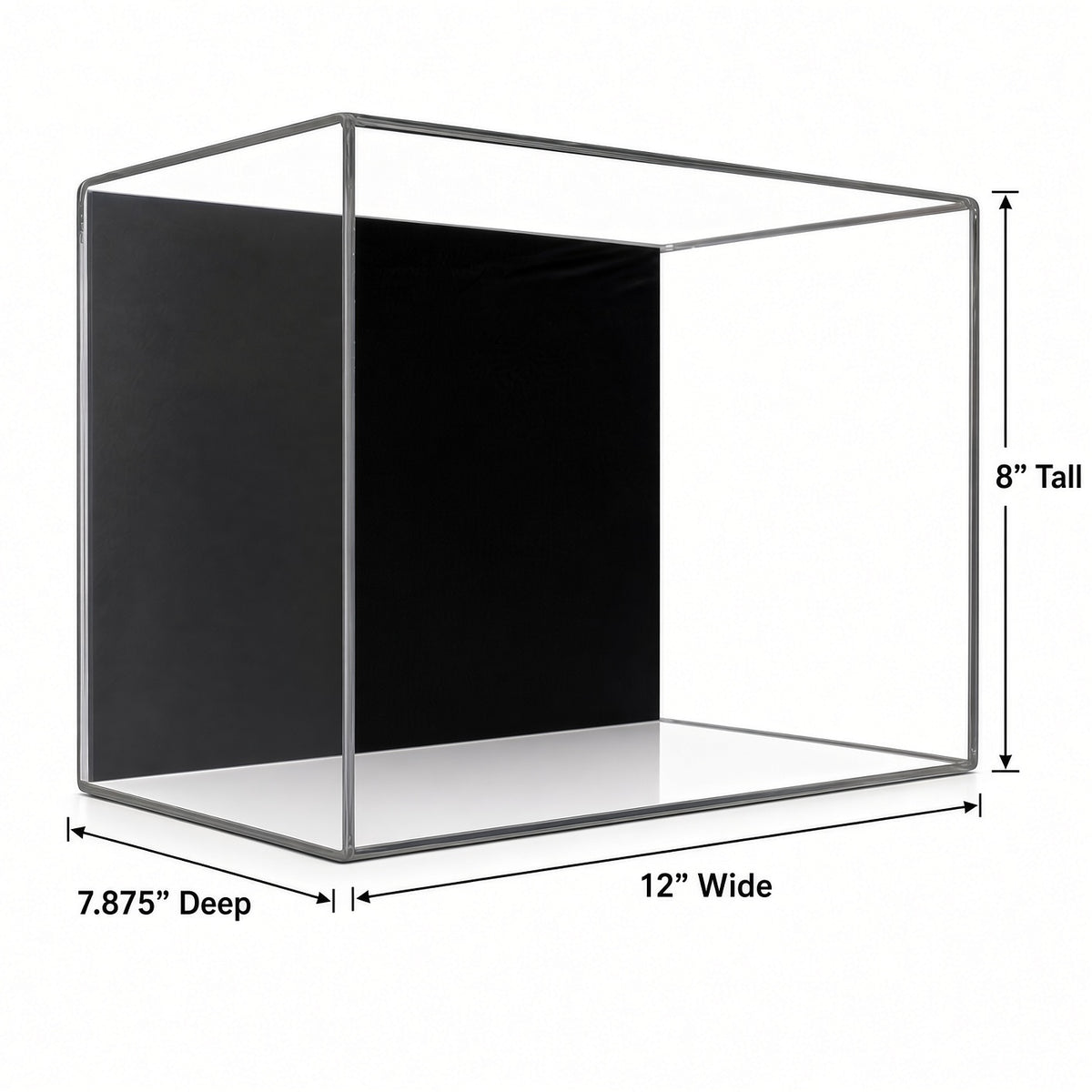 Empty shoe case with 12 inch width, 8 inch height and 7.875 inch depth marked