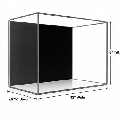 Empty shoe case with 12 inch width, 8 inch height and 7.875 inch depth marked