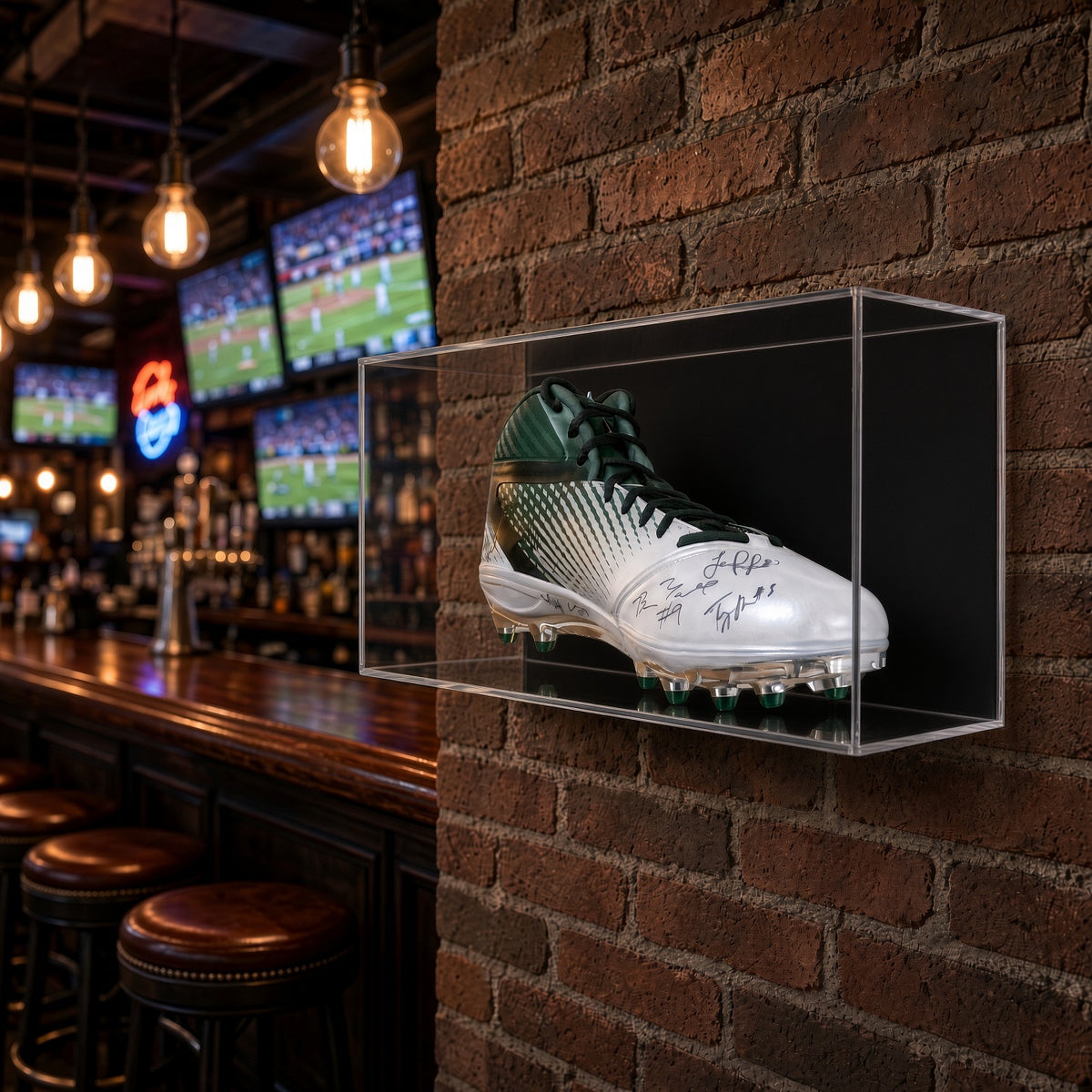 Large shoe case on a brick wall in a sports bar