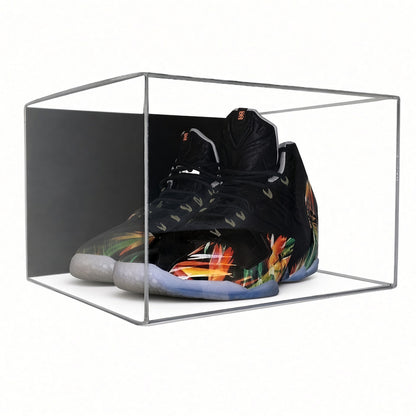 Front view of a pair of sneakers inside the wall mount case