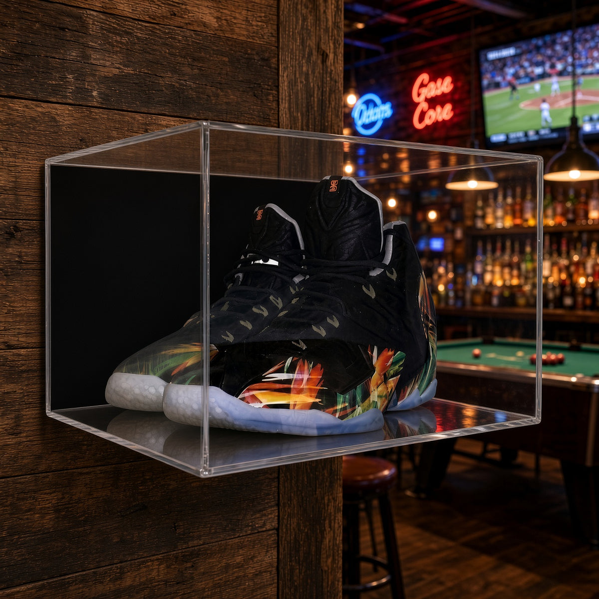 Small shoe pair case on a brick wall in a sports bar