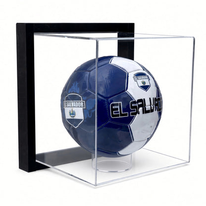 Black-framed acrylic wall mount display case holding a full-size soccer ball