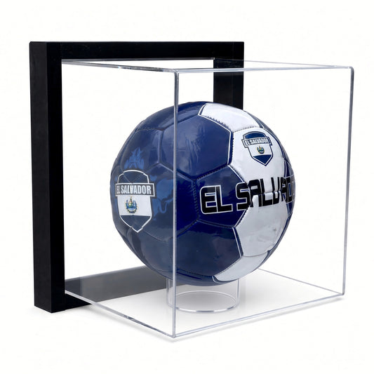 Black-framed acrylic wall mount display case holding a full-size soccer ball