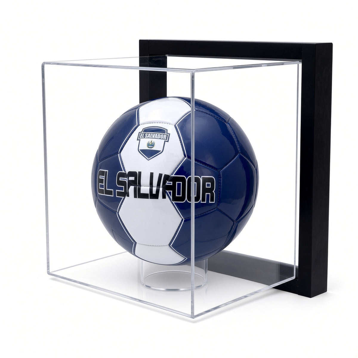 Front view of a soccer ball resting on the clear ring in the framed case