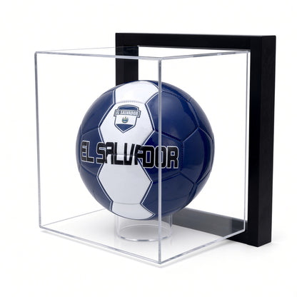 Front view of a soccer ball resting on the clear ring in the framed case