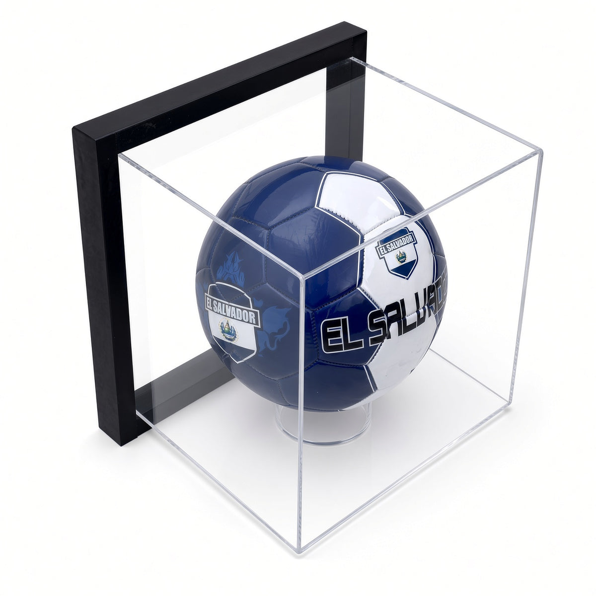 Angled view of the framed soccer ball display case