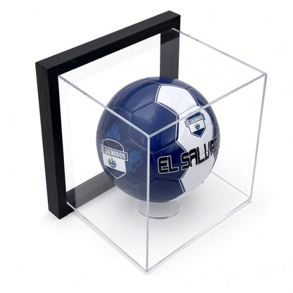 Angled view of the framed soccer ball display case