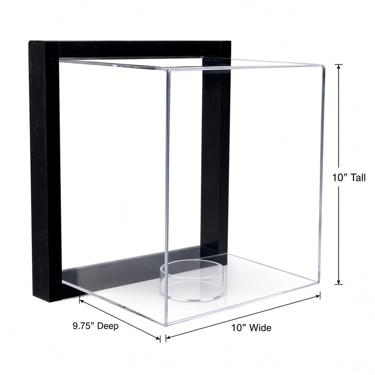 Empty framed soccer ball case with 10 inch height, 9.75 inch depth and 10 inch width marked