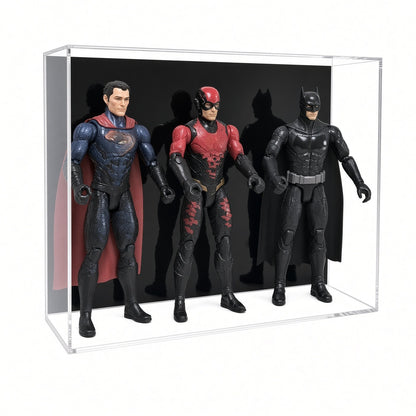 Acrylic wall mount case with a black back holding three 12 inch action figures