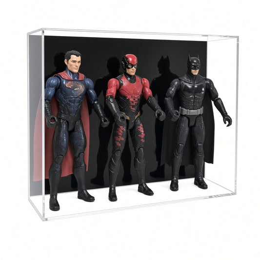 Acrylic wall mount case with a black back holding three 12 inch action figures