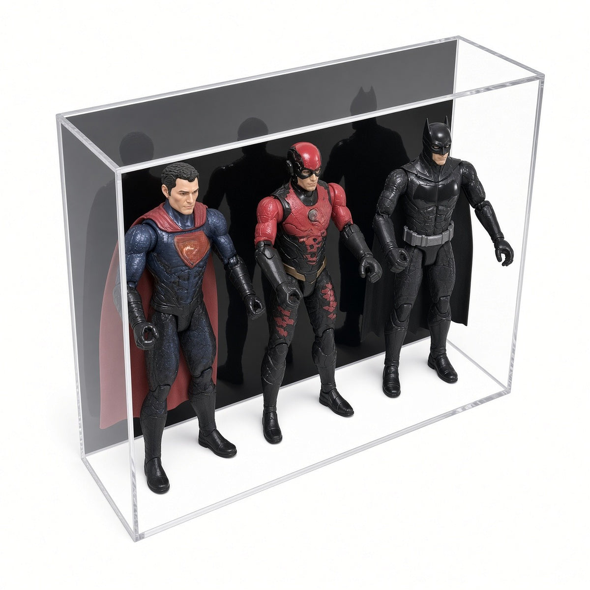 Angled view of the triple action figure display case